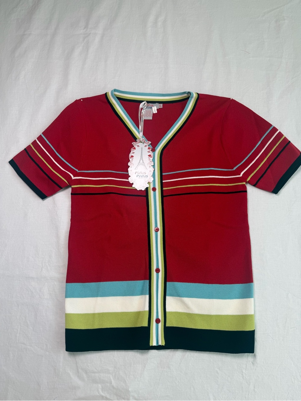 Paris Paris Women’s Red Short-Sleeve Button Stripe Cardigan (E0014)